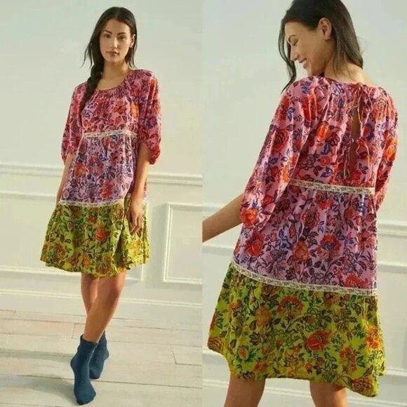 by Anthropologie Mabel Tiered A-line Mini Dress Mixed Floral Prints Small - Picture 1 of 12